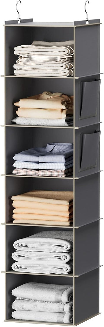 YOUDENOVA Hanging Closet Organizer and Storage, 6-Shelf Closet Hanging Storage Shelves, Grey