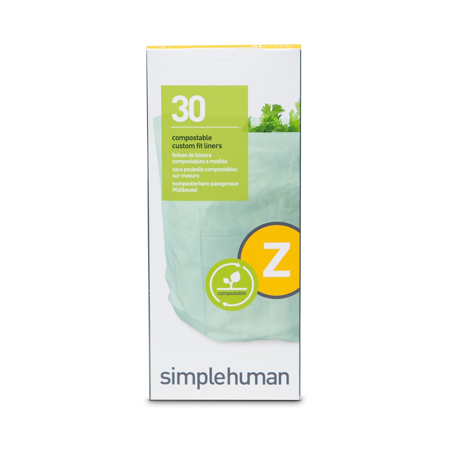 simplehuman Code Z 30 Count Compostable Custom Fit Liners, Certified Compostable Trash Bags for Compost Caddy, Plant-Based PVOH Plastic, Backyard or Commercial Composting, 4 Liter / 1 Gallon