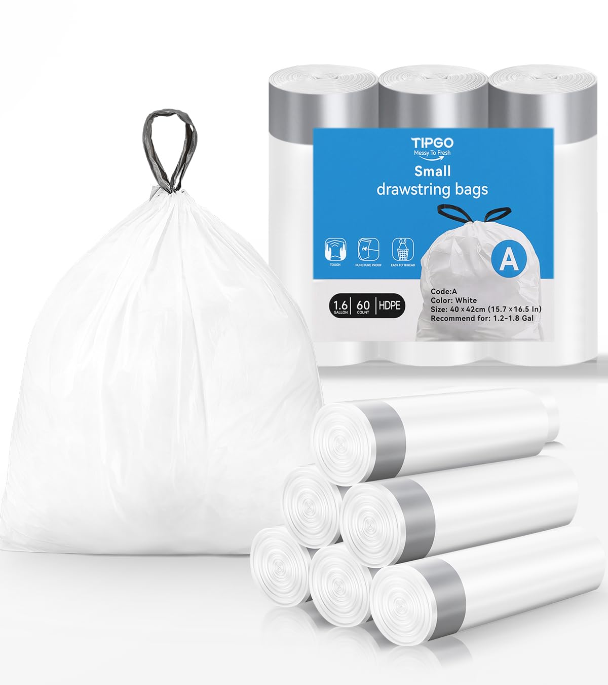 TIPGO Drawstring Trash Bags 60 Count, Pre-Cut 1.6 Gallon Small Garbage Bags, Fit 1.2-1.8 Gallon Trash Bin for Home, Office, Bathroom (Code A)