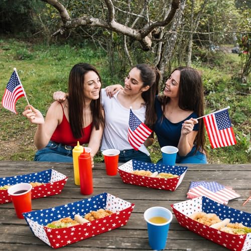 30 Pack Red, White, Blue Star Food Trays, Disposable Paper Serving Containers Boats for Popcorn, Snacks, Food Trucks, 4th of July, Memorial Day, BBQs, Patriotic Parties, Picnics, Summer Party Supplies