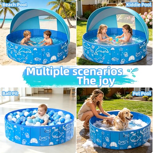 Kiddie Pool with Canopy, 48" Foldable Kids Baby Pool for Toddlers, Portable Small Swimming Pool Hard Plastic with Shade & Carry Bag for Beach Backyard Water Play