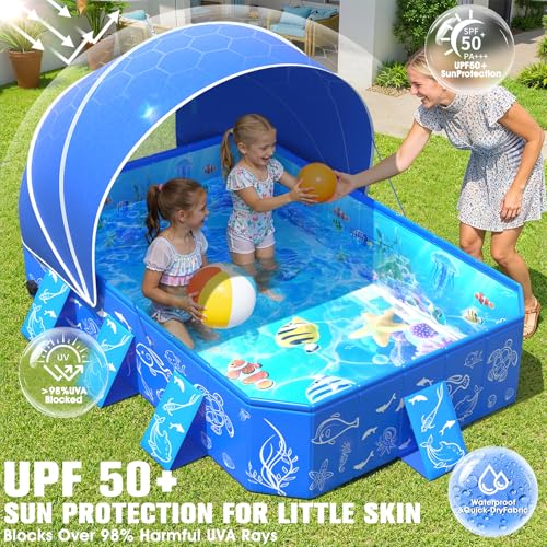 2026 Kiddie Pool with Canopy,Baby Swimming Pool for Toddler,Non-Inflatable Portable Pool for Kids,Foldable Toddler Pool with Shade,Kiddie Pool for Backyard,Pop Up Baby Beach Pool 53''×40''×33''