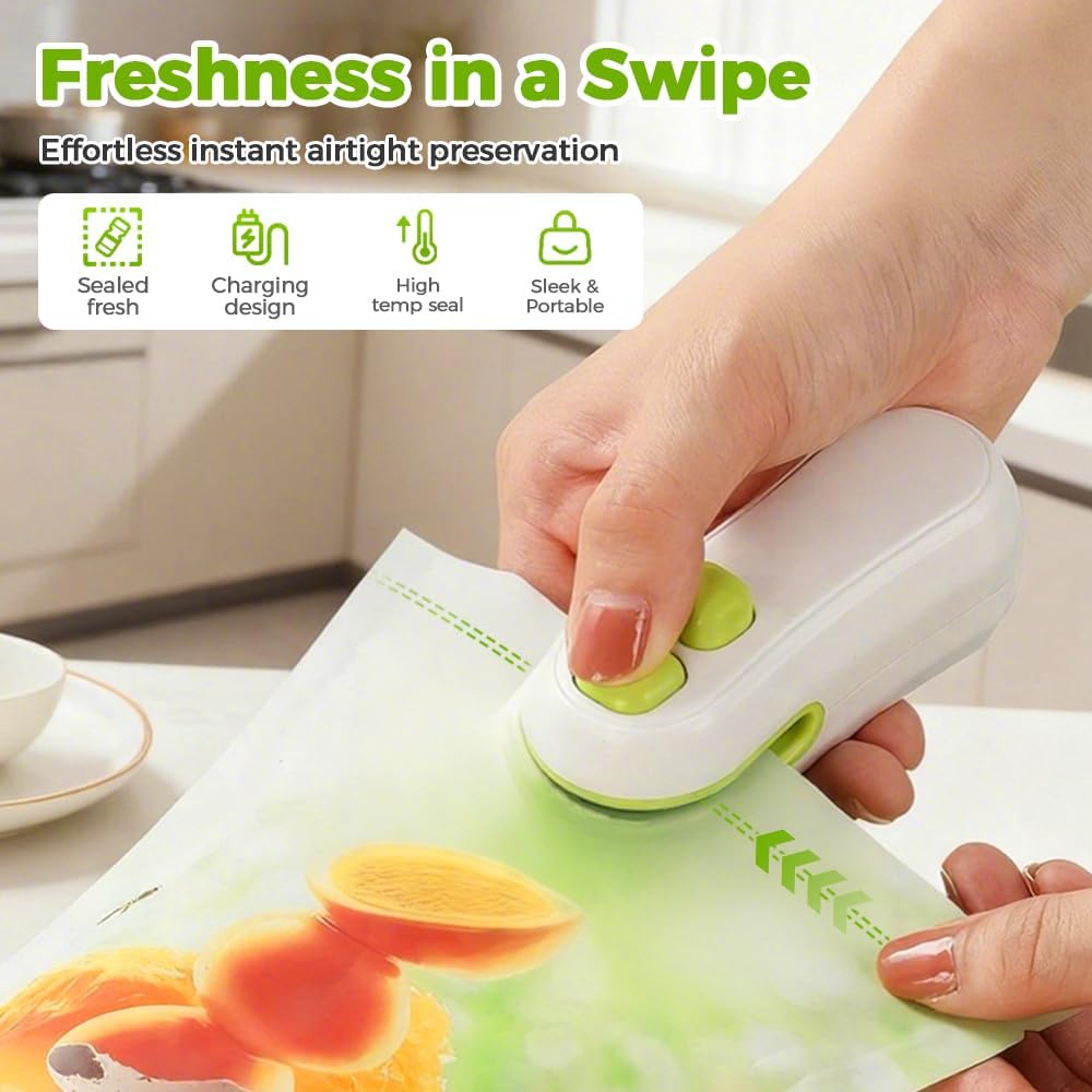 Mini Bag Sealer, 2-in-1 Heat Sealer and Cutter with Magnet, Portable USB Rechargeable Bag Resealer for Chip Bags, Snacks & Food Storage, Handheld Chip Bag Sealer (White)
