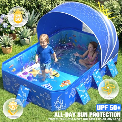 FizZeal Kiddie Pool with Canopy,Baby Swimming Pool for Toddler,Non-Inflatable Portable Pool for Kid,Foldable Toddler Pool with Shade,Kids Pool for Backyard.Outdoor Pop Up Kiddie Beach Pool 53"x40"x33'