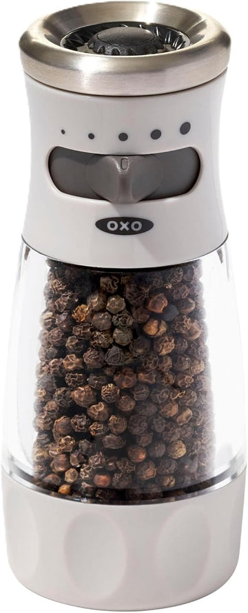 OXO Good Grips Contoured Mess-Free Pepper Grinder, Adjustable Ceramic Grinder with Five Settings, Black Pepper Mill for Home and Kitchen