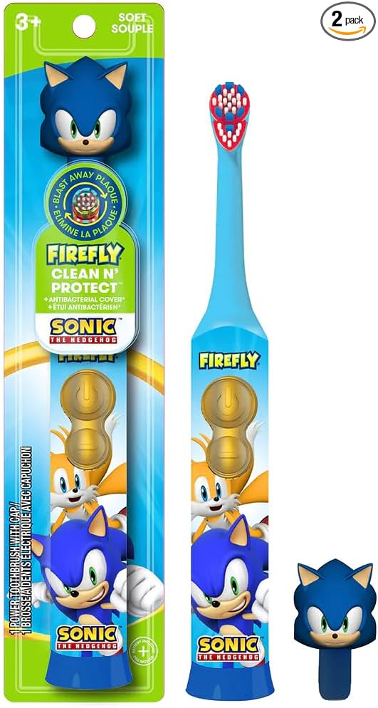FIREFLY Clean N' Protect, Sonic The Hedgehog Toothbrush with 3D hygienic Cover, Premium Soft Bristles, Anti-Slip Grip Handle, Battery Included, Ages 3+, 3 Piece Set (Pack of 1)