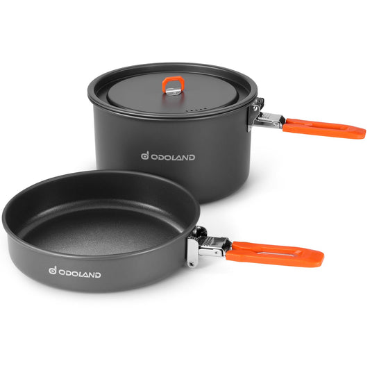Odoland Camping Cookware Mess Kit, Non-Stick Lightweight Camping Pot and Fry Pan Set with Mesh Bag for Backpacking, Outdoor Cooking and Picnic