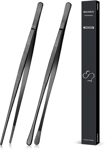 2 Pcs 12-inch Cooking Tweezers Tongs Precision Serrated Tips, Stainless Steel Professional Chef Tweezer Kitchen Tools for BBQ