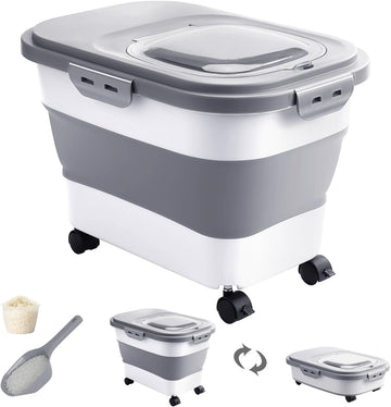20-30 Lbs Rice Storage Container, Collapsible Food Storage Containers with Rolling Wheel Airtight Locking Lid, Flour Storage Container