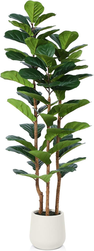 Artificial Fiddle Leaf Fig Tree with White Planter,5ft Tall Fake Tree with Natural Wood Trunk for Home Decor, Faux Ficus Tree Fake Moss