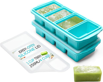 Silicone Freezer Tray With Lid - Soup Freezer Container molds - Large Ice Cube Tray- makes 8 perfect 1 cup portions cubes