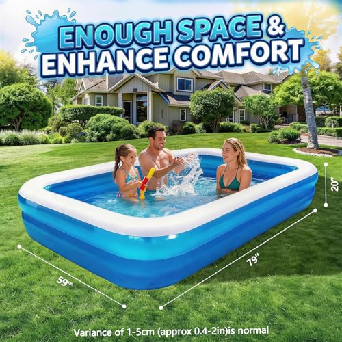 Full-Sized Inflatable Swimming Pool, Extra Large Blow Up Pool, Heavy Duty Above Ground Pool with Drain Valve, Leakproof Family Swim Pool for Backyard Patio Garden Outdoor Party(79''x59''x20'')