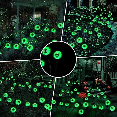 BeHiller Halloween Decorations Outdoor Solar Scary Eyeball Lights,2PACKS 12LED Green Eyeball Swaying Firefly Lights,Waterproof Solar Halloween Path