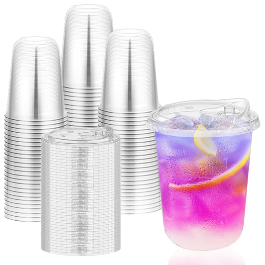 Clear Plastic Cups with Lids, 16 oz, 50 Pack Disposable Beverage Containers for Iced Coffee, Smoothie, Milkshake, Cold Drinks, Party Catering
