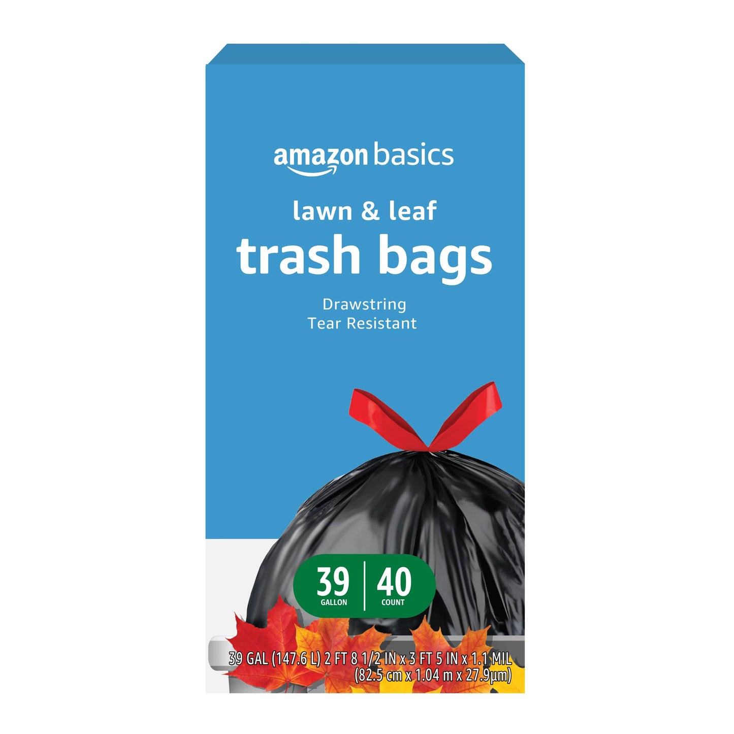 Basics Lawn & Leaf Drawstring Trash Bags, 39 Gallon, 40 Count, Black, Unscented