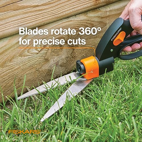 Fiskars Shear Ease Grass Shears - 5" Stainless Steel Blades - 360-Degree Swivel Blade Plant Cutting Scissors - Garden Shears and Grass Cutter, Black