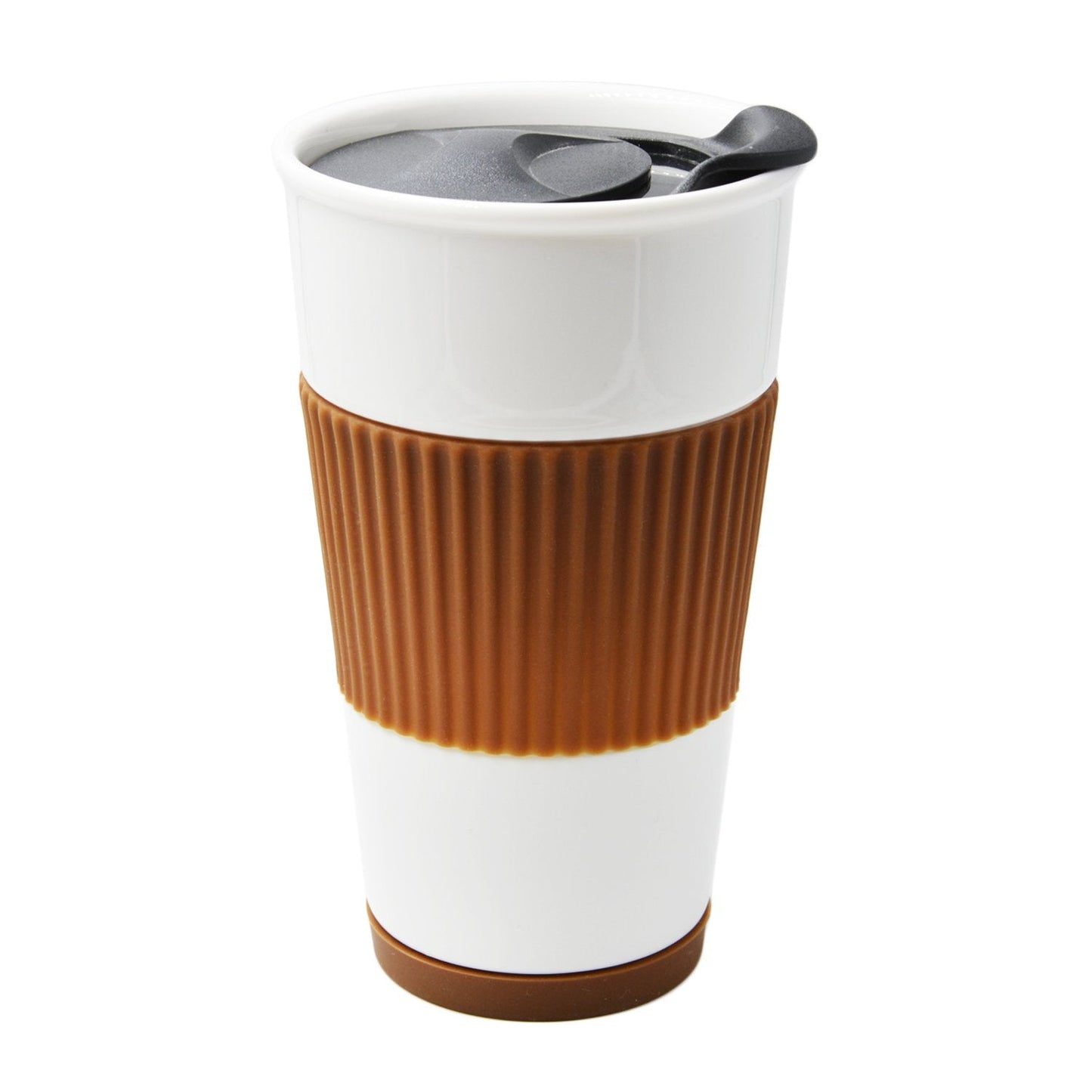 Ceramic Double Wall Insulated Travel Coffee Cup with Slider Lid, Silicone Sleeve & Built-In Coaster, 10 fl.oz (Coffee)