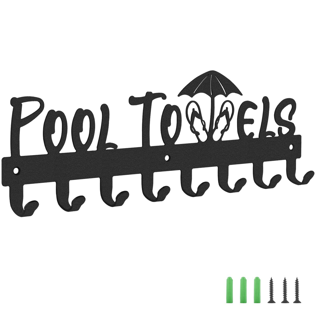 IBosins Pool Towel Rack with 8 Hooks, Towel Holder Wall Mounted for Outdoor or Bathroom, Towel Hanger for Hanging Bathrobes, Towels, Clothes - Perfect Pool Area Outside Sign and Decor (Black)
