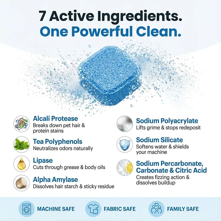 FURME Washing Machine Cleaner Tablets for Pet Owners – 24 Pack Deep Cleaning Descaler for HE Front & Top Load Washers – Removes Pet Hair Odor, Residue & Grime – Septic Safe – 12 Month Supply