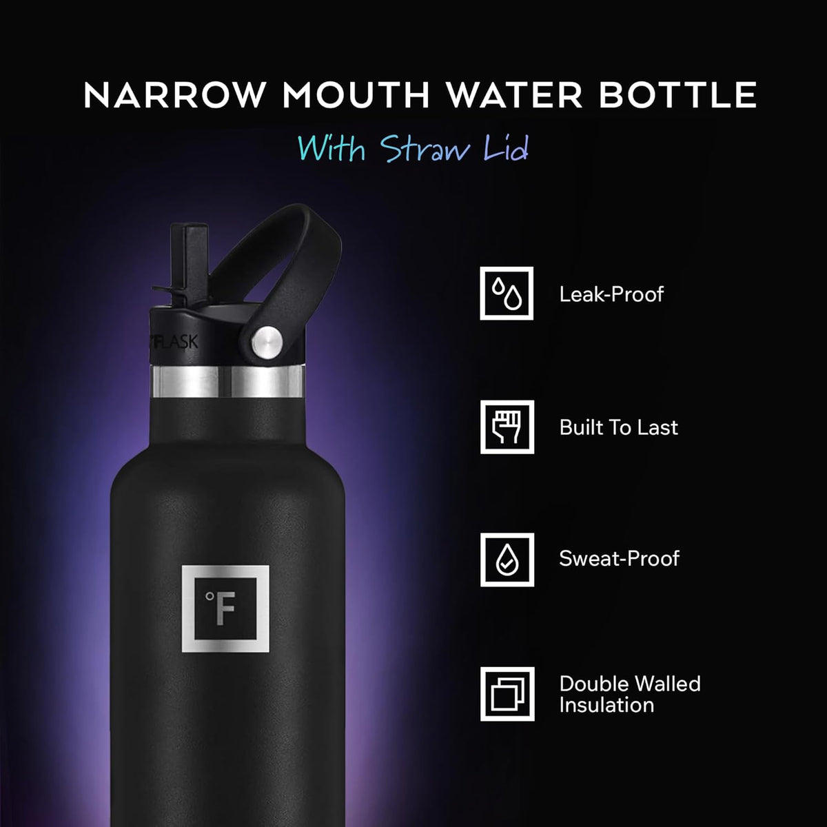 IRON °FLASK Camping & Hiking Hydration Flask with Straw, BPA-Free Insulated Stainless Steel Sports Water Bottle - 24 oz Midnight Black