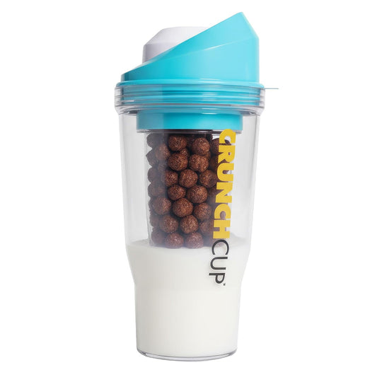 CRUNCHCUP XL Blue - Portable Plastic Cereal Cup for Breakfast On the Go, To Go Cereal and Milk Container, No Spoon or Bowl Required
