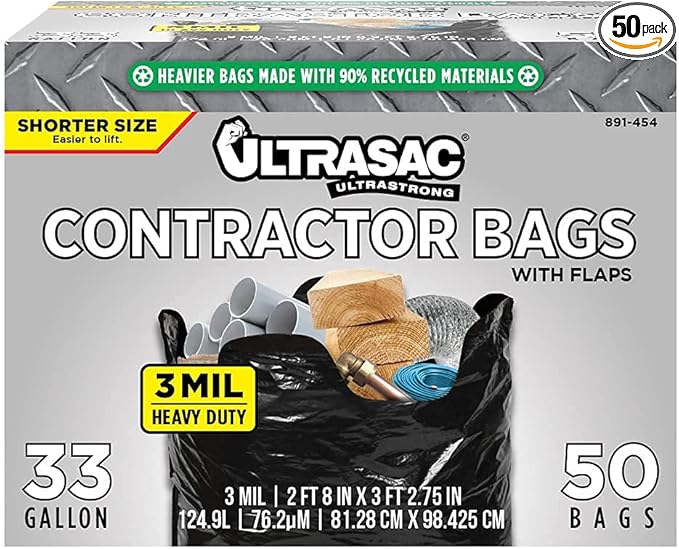 Ultrasac Contractor Trash Bags - (50 Pack/w Ties) - Heavy Duty 3 MIL Thick, 39" x 32", Shorter 33 Gallon Black Version - for Industrial, Commercial, Professional, Construction, Lawn, Leaf, and More