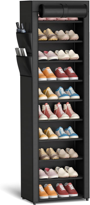 Kitsure Shoe Rack - 10-Tier Large Capacity Shoe Organizer Shelf with Dust Cover & Side Pockets, Rust-Proof Metal Shoe Rack for Closet, Entrance