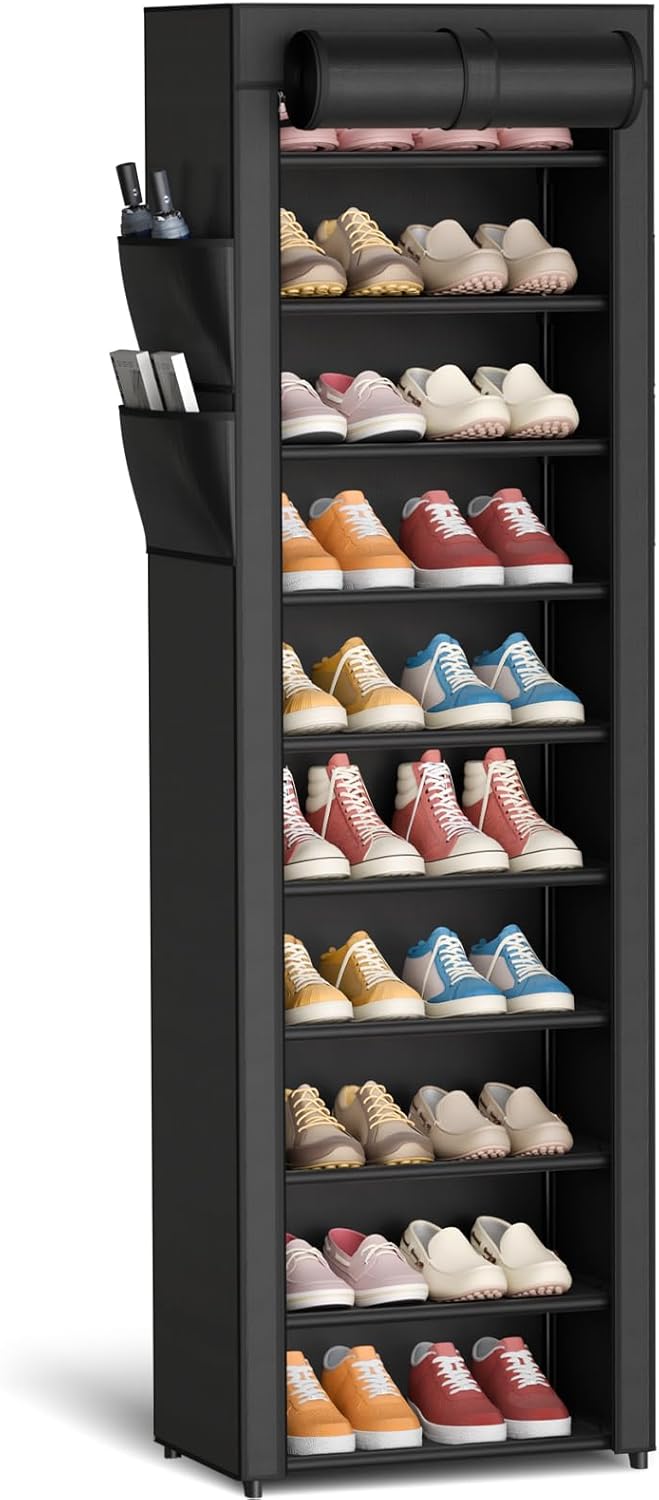 Kitsure Shoe Rack - 10-Tier Large Capacity Shoe Organizer Shelf with Dust Cover & Side Pockets, Rust-Proof Metal Shoe Rack for Closet, Entrance
