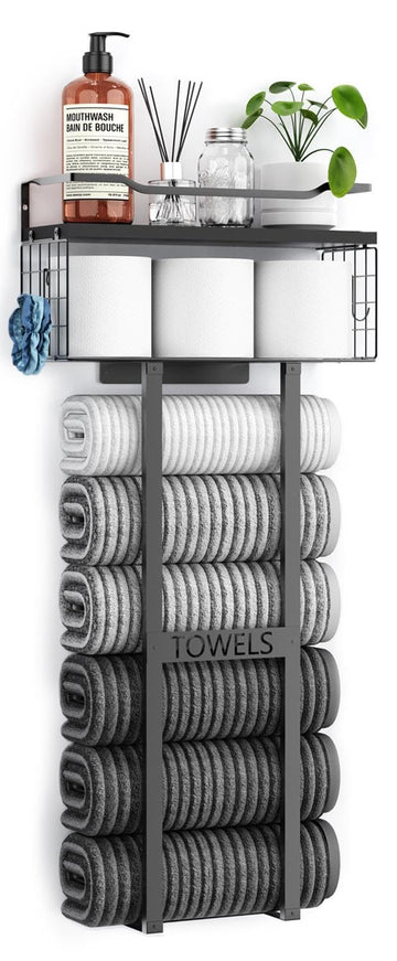 Towel Racks for Bathroom 31inch Wall Mounted Towel Rack, Floating Shelf with Wood Plank, Towel Storage for Bathroom can Holds 6 Large Rolled Towels