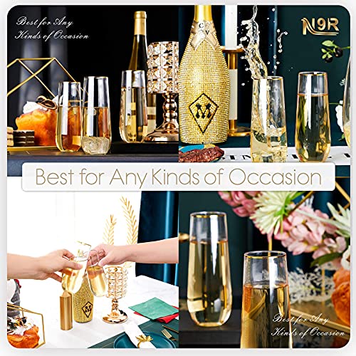 N9R 12PCS Plastic Champagne Flutes, 9 oz Stemless Disposable Gold Rim Toasting Glasses, Crystal Clear Cocktail Cups Drinkware Shatterproof Ideal for Party Wedding Birthday
