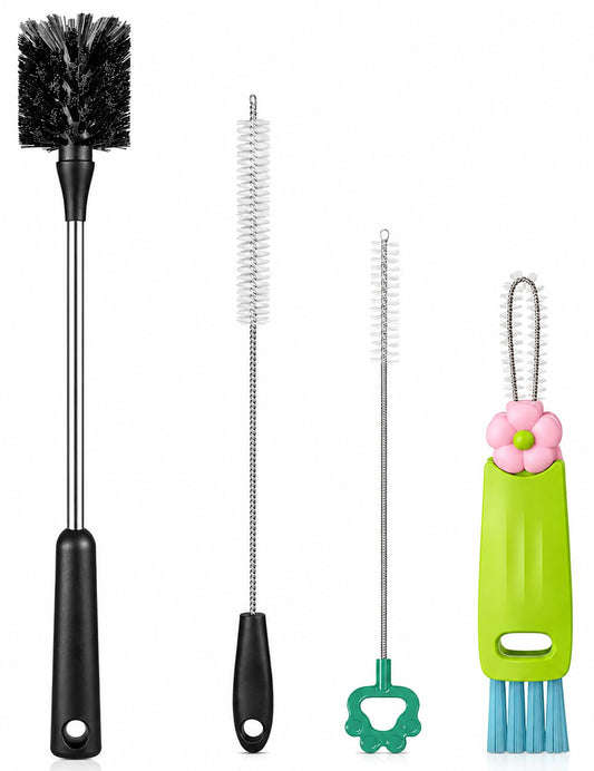 [4 Pack] Bottle Brush, 15 Inches Stainless Steel Long Handle Baby Bottle Scrub Cleaning Brushes with Straw & Lid Brushes for Sports Water Bottle, Cups, Coffee Mugs, Glasswares
