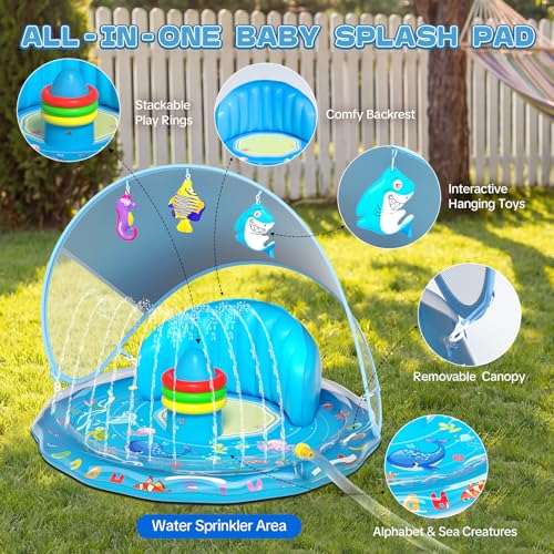 Baby Splash Pad, Inflatable Baby Pool Float with Canopy, Splash Pad with Stackable Rings & Hanging Toys for Toddlers, Baby Pool Sprinkler, Outdoor Water Play Toys for Boys Girls