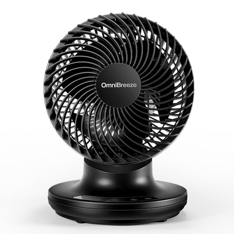 OmniBreeze 6 Inch Black Table Fan for Bedroom, Desk Air Circulator Fan with Remote, 85° Vertical+60° Automatic Oscillating Fan, 5 Speeds, 7H Timer, LED Display