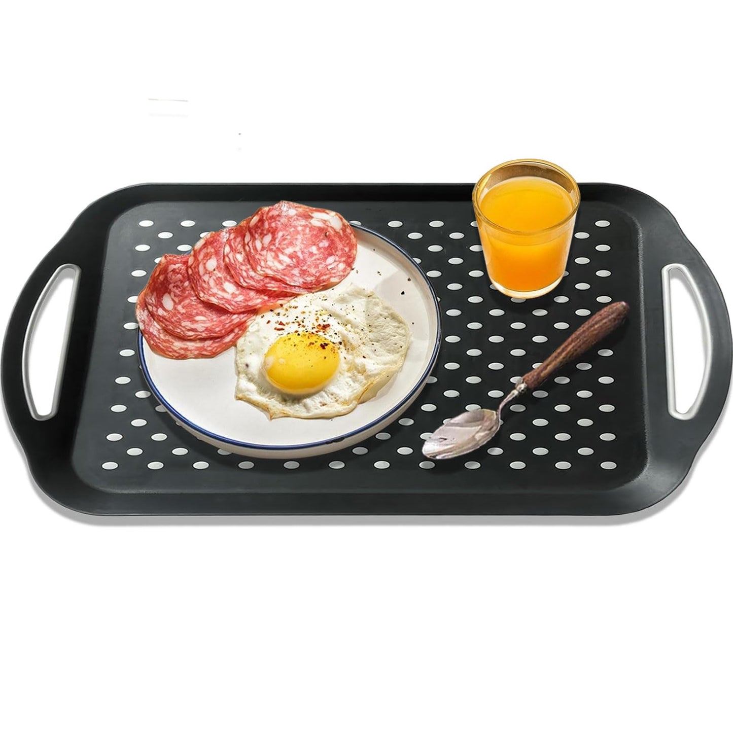 1PCS Large Non-Slip Serving Tray with Handles TV Lap Trays for Eating on Couch Food Serving Tray with Silicone Grippy Dots for Dinner Snack Fruit Dessert Breakfast (Black - 1pcs)