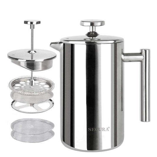 Secura French Press Coffee Maker, 304 Grade Stainless Steel Insulated Coffee Press with 2 Extra Screens, 12oz (0.35 Litre), Silver
