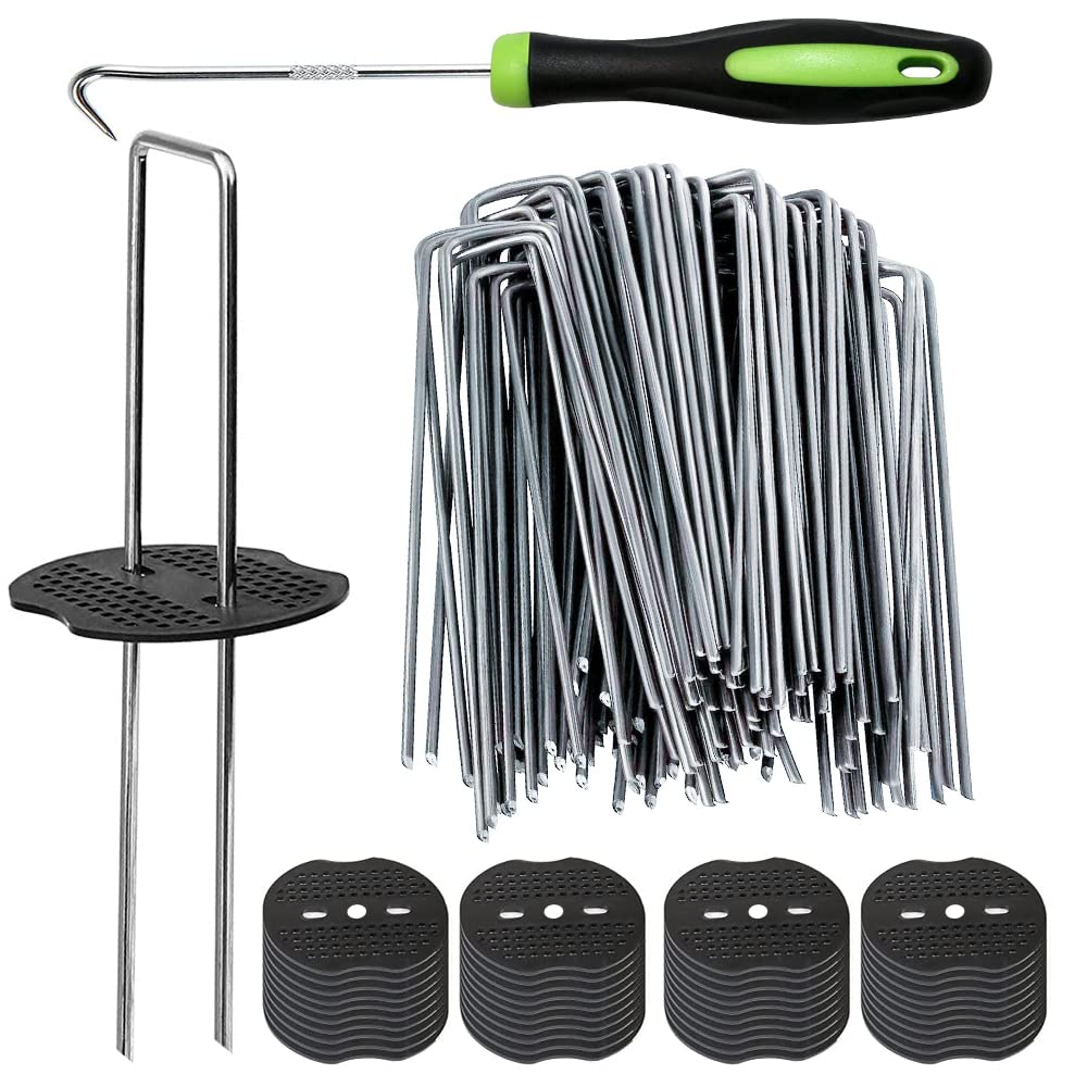 50Pcs Garden Stakes Staples + 50Pcs Gasket, Bakulyor 6 Inch Lawn Landscape Staples 11 Gauge U Shaped Galvanized Landscape Pins