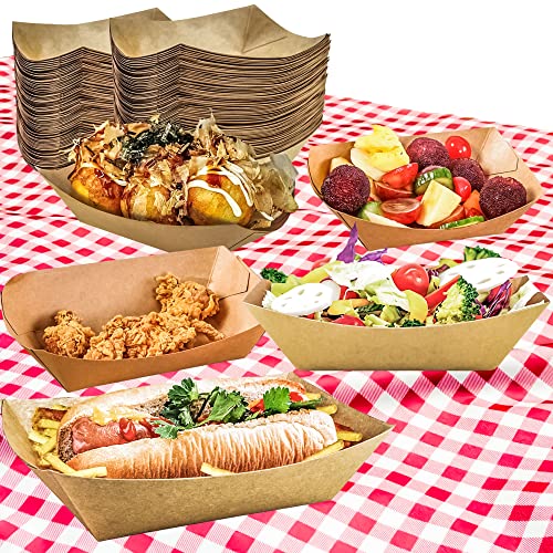 100 Pack 2lb Paper Food Trays, Heavy-Duty Paper Food Boat Disposable Serving Basket Tray for French Fries Nachos Snack Hot Dog Taco BBQ Popcorn Party Picnic Wedding Party (Brown)