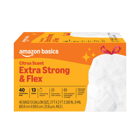 Basics Extra Strong & Flex Tall Kitchen Drawstring Trash Bags, Citrus Scent, 13 Gallon, 40 Count