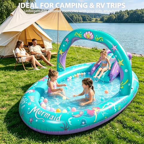 SULIFEEL 2026 Inflatable Mermaid Play Center Kiddie Pool with Slide and Sprinkler for Children, Summer Splashing Baby Pool for Backyard and Garden 96"x59"39"