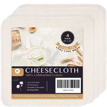 Precut Cheesecloth, 15 x 15'' 4 Pack, Grade 100, Ultra Fine Cheese Cloth for Straining & Cooking, 100% Unbleached Cotton Muslin Cloth