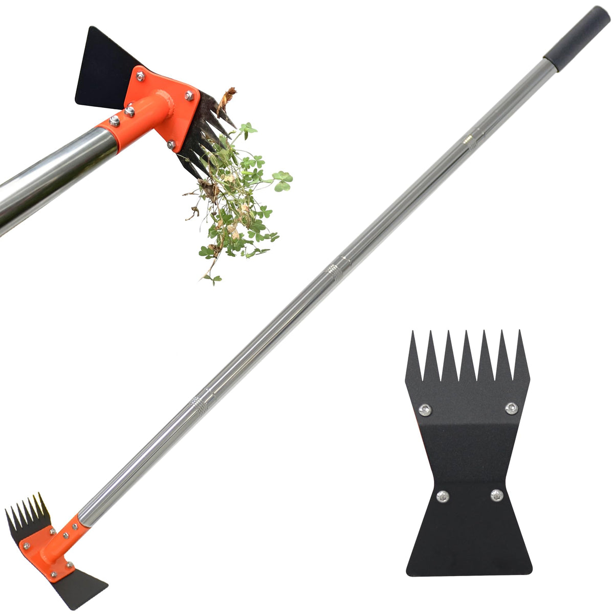 2-in-1 Garden Hoe and Weed Puller Rake, 60 Inch Adjustable Long Handle Weeding Tool Heavy Duty Spring Steel Head with Sand Texture Finish, Weed Remover for Garden, Yard, Lawn, Driveway