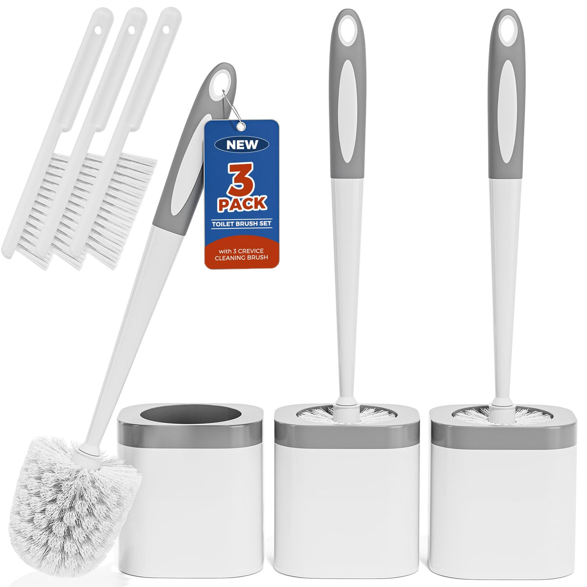 Toilet Brush, 3 Pack Toilet Brush and Holder Set Bathroom Accessories, Toilet Bowl Brush and Holder with 3 Crevice Brush for Bathroom, Toilet Scrubber Brush (White)
