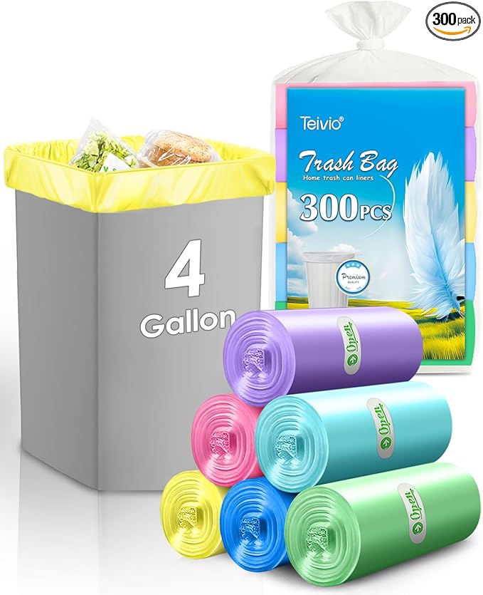 4 Gallon 300pcs Strong Trash Bags Colorful Clear Garbage Bags, Bathroom Trash Can Bin Liners, Small Plastic Bags for home office kitchen, fit 12-15 Liter, 3,3.5,4.5 Gal,Multicolor