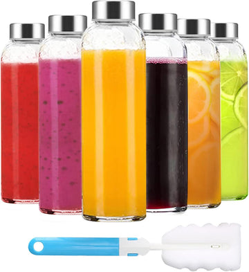 Clear Glass Bottles with Lids 18 oz, Reusable Glass Water Bottles with Stainless Steel Cap for Refrigerator, Juicing, 100% Leak Proof, BPA Free