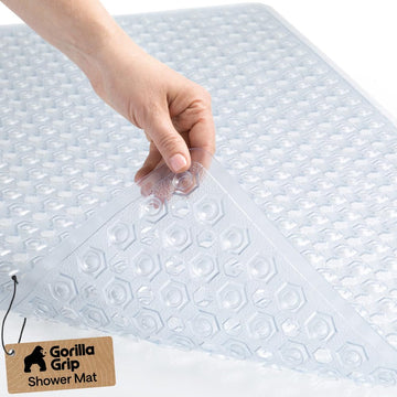 GORILLA GRIP Patented Bath Tub Shower Mat, Machine Washable Bathtub Floor Liner Mats, Suction Cups and Drain Holes to Keep Tubs Clean, Soft on Feet