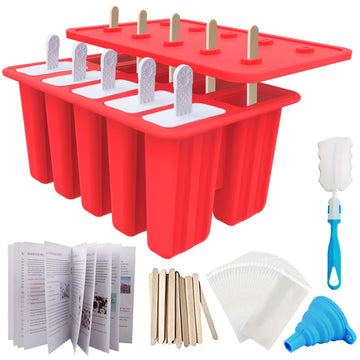 Miaowoof Homemade Popsicle Molds, 10-Cav Non-BPA Silicone Ice Pop Maker, with 50 Sticks, 50 Bags, 10 Reusable Sticks, Funnel