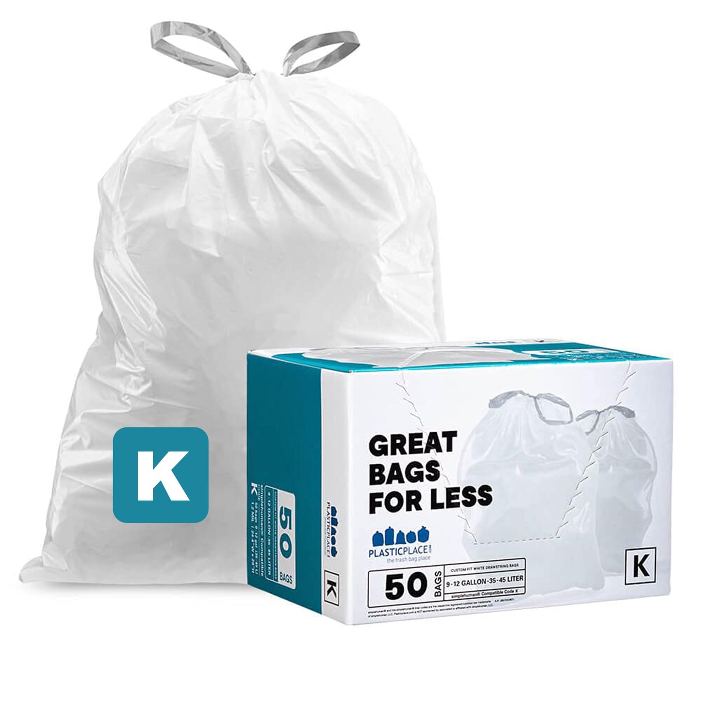 Plasticplace Custom Fit Trash Bags, Compatible with simplehuman Code K (50 Count) White Drawstring Garbage Liners 10 Gallon / 38 Liters 24" x 28"