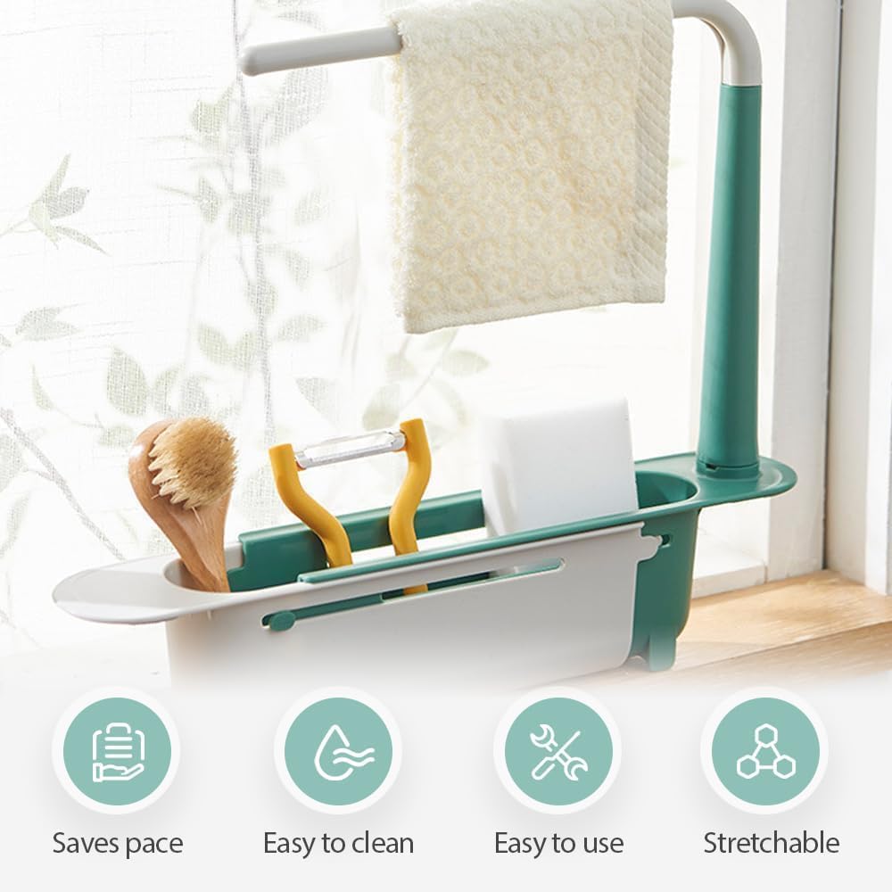 Telescopic Sink Storage Rack, 2026 Upgraded 2-in-1 Adjustable Drainer with Sponge Holder, Expandable Kitchen Sink Organizer with Dishcloth Hanger and Bracket, Kitchen Sink Gadgets (Red)