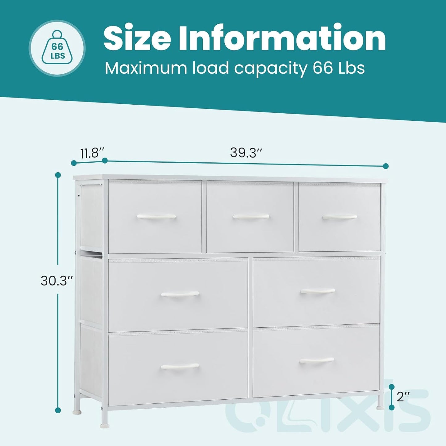 OLIXIS Dresser for Bedroom, 7 Storage Drawers, Wide Fabric Closet Chests Organizer Tower Furniture, TV Stand with Wooden Top Metal Frame for Clothes, Living Room, Hallway, Entryway, Classic White