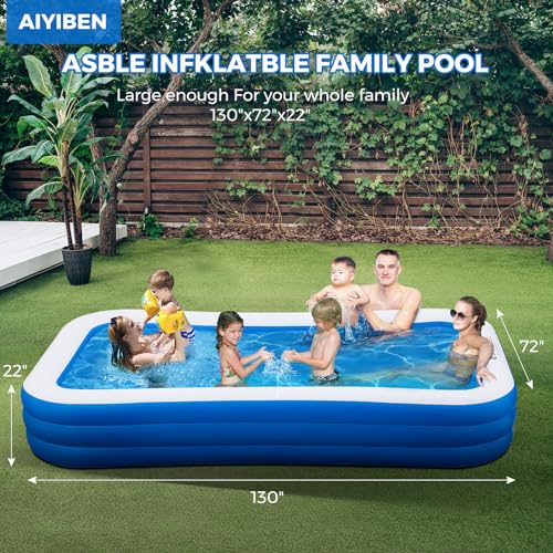 Inflatable Swimming Pool with Pool Lights, 130" x 72" x 22" Full-Sized Large Inflatable Family Pool, Summer Water Party, Outdoor, Garden Backyard, Suitable for Adults